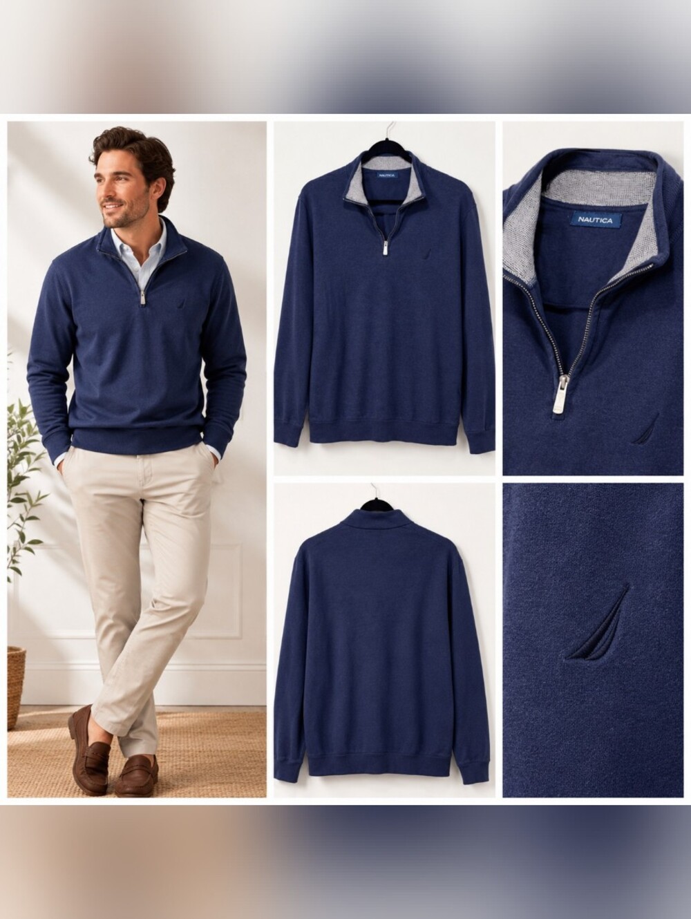Nautica Navy Quarter Zip Sweater Men’s Pullover Classic Logo Size (Large)
